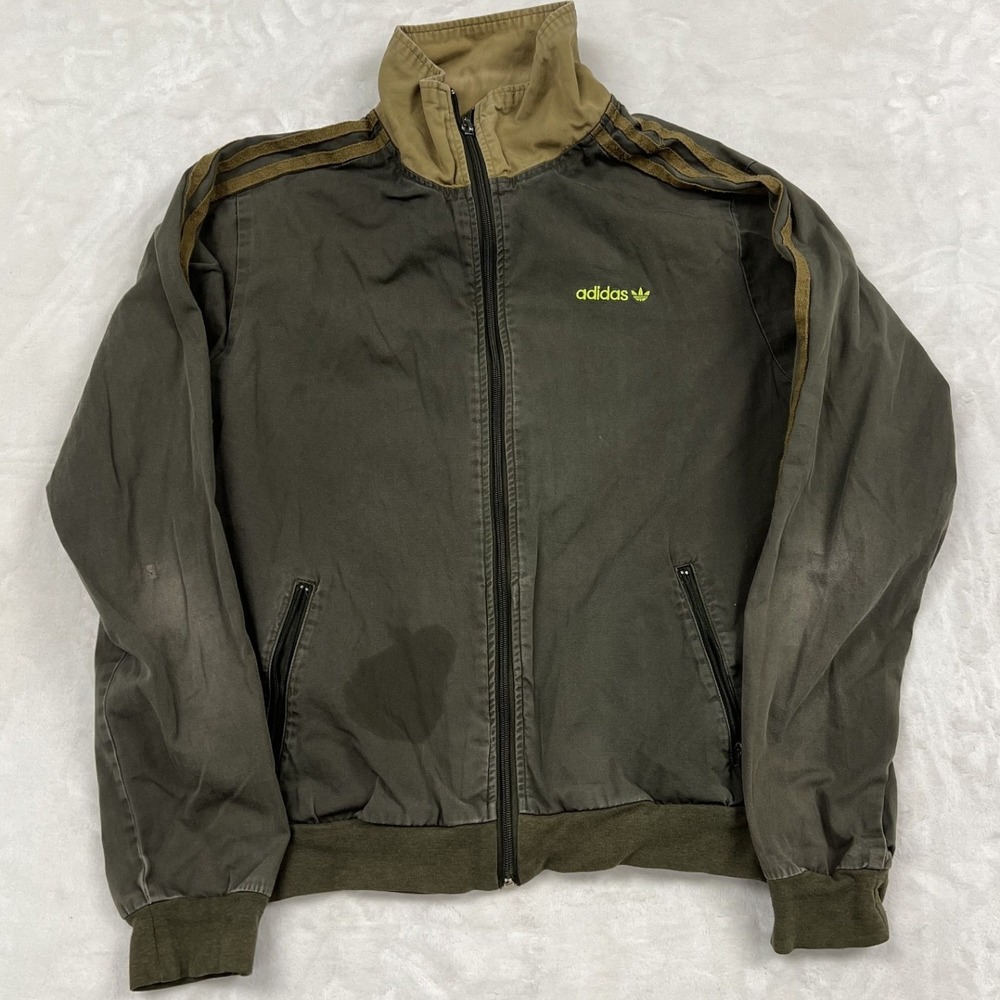 Adidas Track Jacket Mens S Olive Green Canvas Three Stripe 608914 GC004